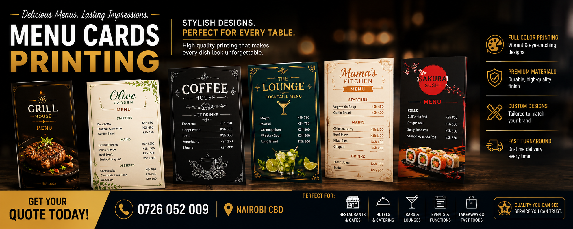 Menu Cards Printing Services Nairobi